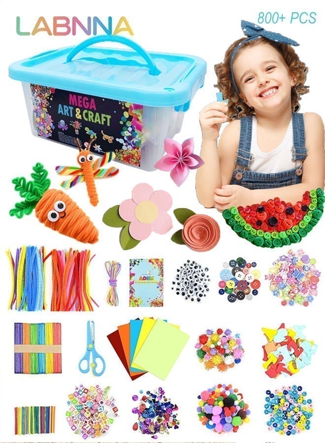 LABNNA أكثر من 800 قطعة من لوازم الفنون والحرف اليدوية المصنوعة يدويًا مع صندوق تخزين، مجموعة مواد مع حروف EVA ونجوم وملصق وريش آيس كريم وزر وكرة شعر وإكسسوارات يدوية لتعليم الأطفال - Image 1